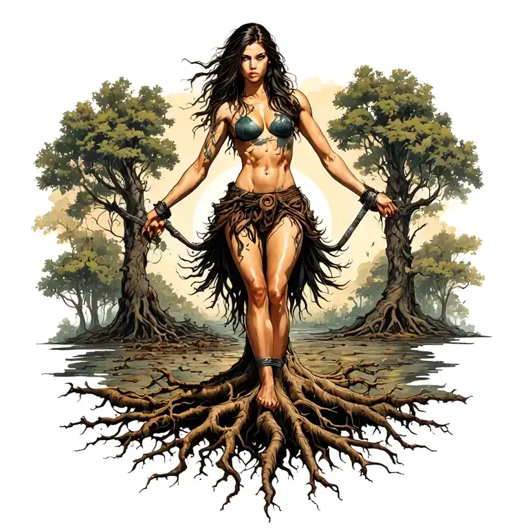 Woman Warrior With Legs Turning To Roots Reaching Deep