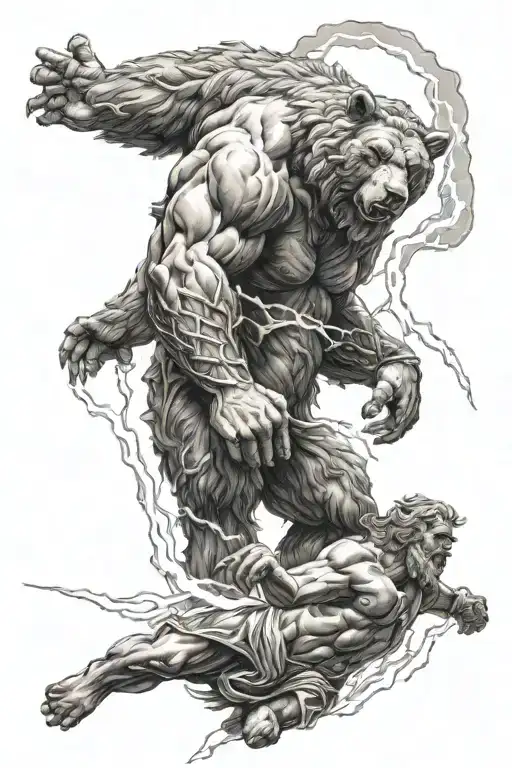 Zeus God Fighting Giant Bear With Lightning