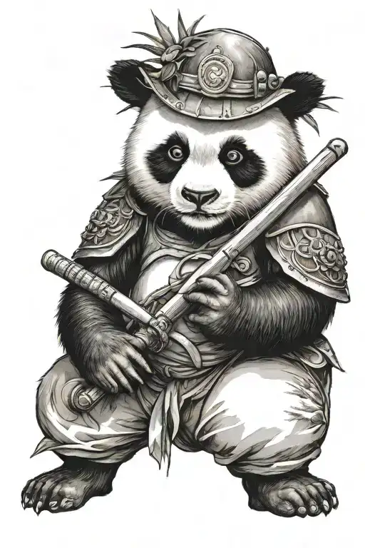 Panda In Samurai Helmet Holding A Katana Surrounded By Bamboo Shoot And Blood