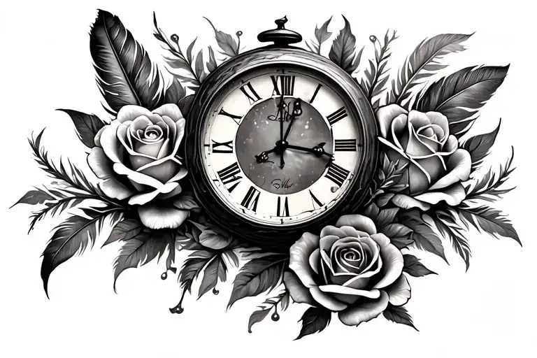 Feather With Clock And Roses Growing