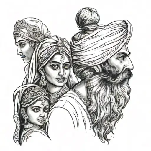Sikh Man With His Wife And With Two Daughters From Backside