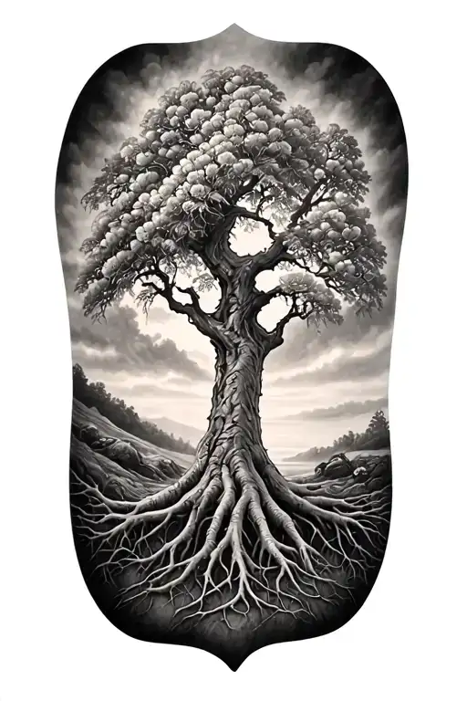 Black And White Gaelic Rowan Tree With Roots Reaching Deep