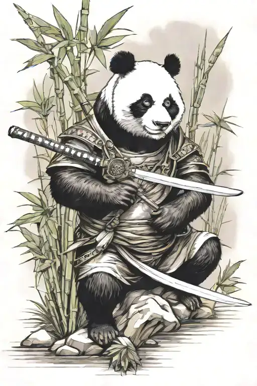 Panda In Samurai Helmet Holding A Katana With Half A Wing By A River With Bamboo Shoot Nearby