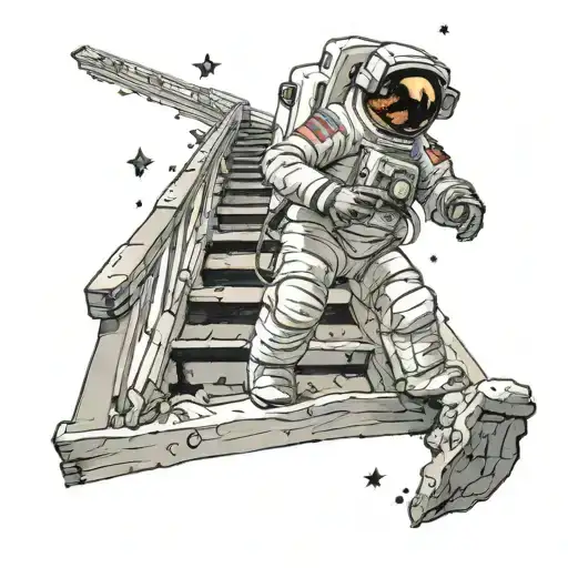 An Astronaut Walking Up The Stairs With Little Stars Around Him