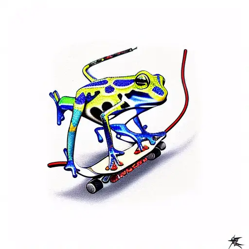 Colorful Dart Frog On A Skateboard Doing A Trick