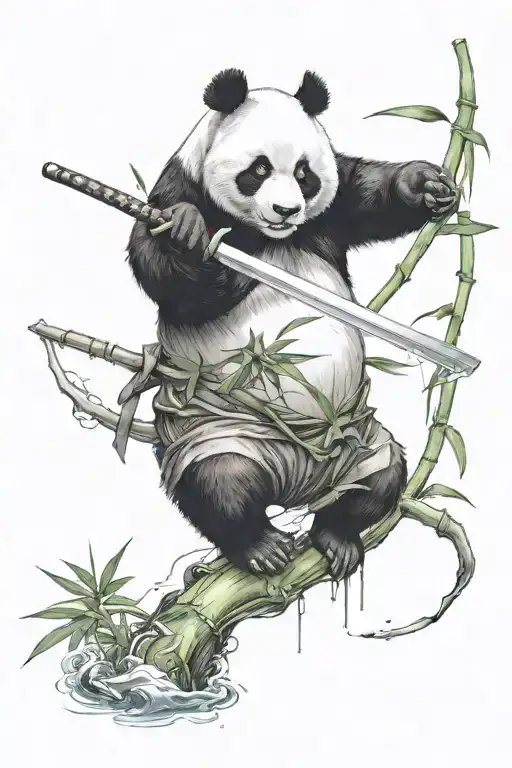 Panda Holding A Katana Surrounded By Bamboo Shoot And Water