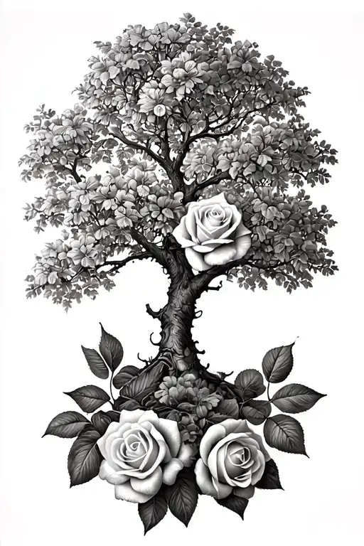 Rowan Tree With Roses Blooming Below No Color