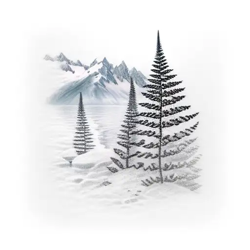 Snow Capped Mountain Range With New Zealand Fern Reflecting In The Water Below