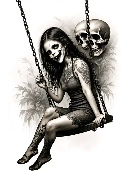 Scary Girl On A Swing With Skulls In The Back Ground