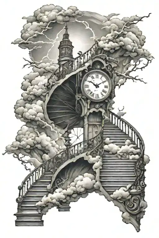 Clock With Clouds And Lightning At End Of Long Staircase