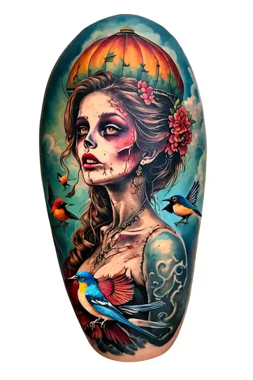 Pretty Lady Zombie Tattoo Featuring 5 Birds And A Hot Air Balloon
