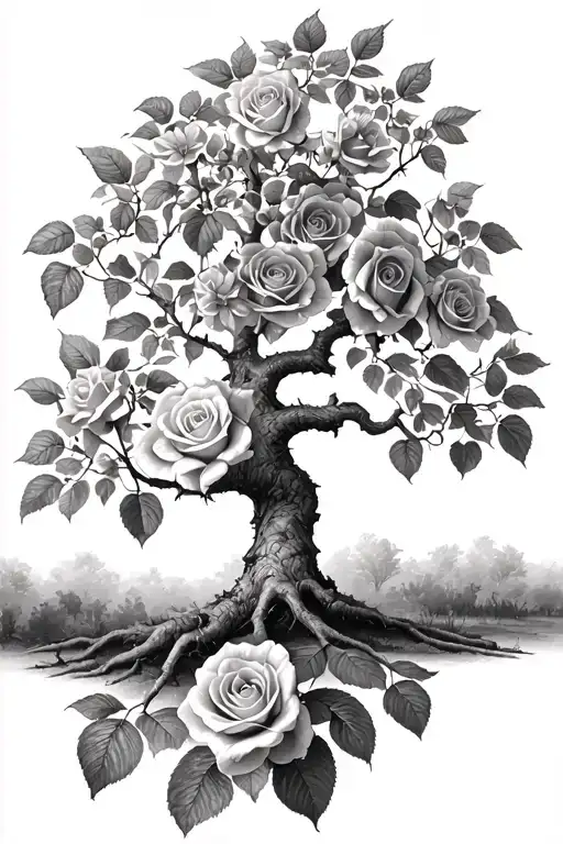 Rowan Tree With Roses Blooming Below No Color