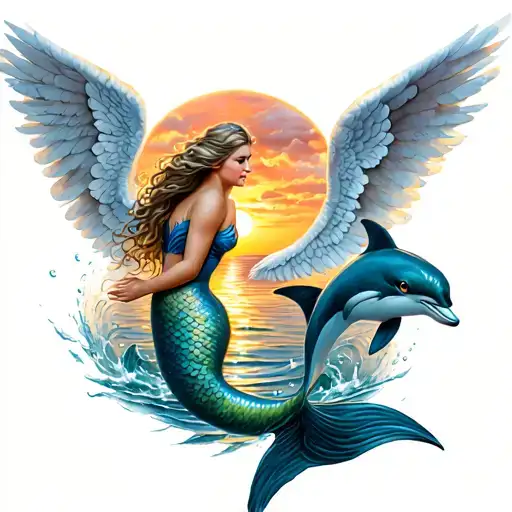 Angel Mermaid With Dolphins Jumping With Sunset