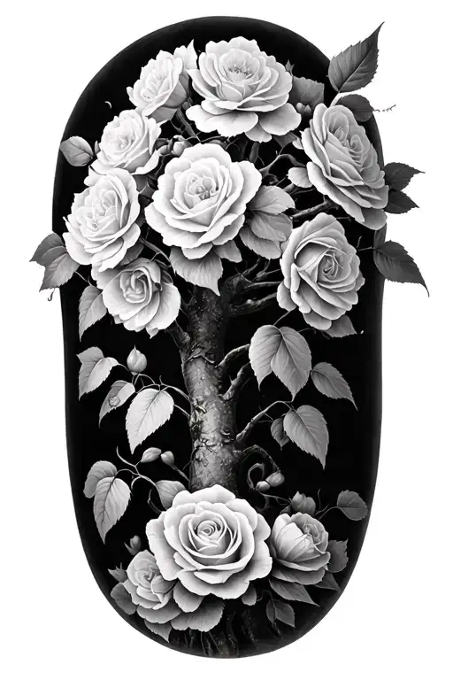Black And White Rowan Tree With Roses Blooming Below