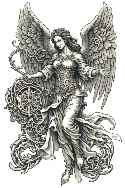 Heavily Armed Female Guardian Angel Hovering 10 Feet Above A Complex Sigil