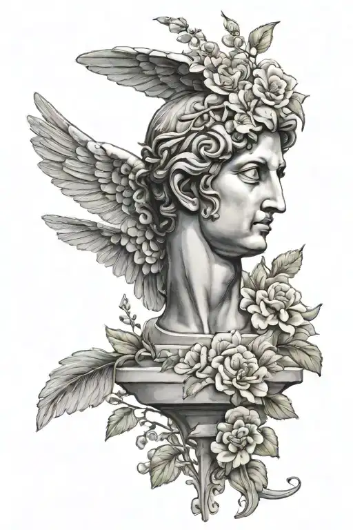 Greek Statue With One Wing And Vines And Flowers