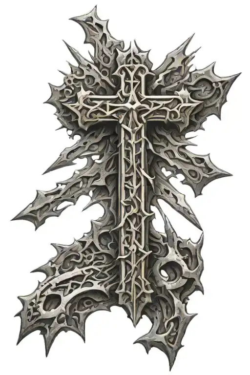 A Realistic Tattoo Of Intricate Spikes Forming A Cross Symbol