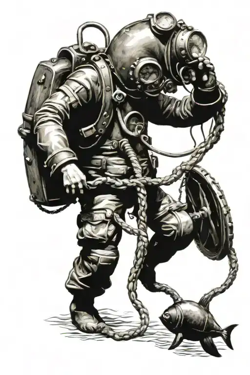 Old Diving Suit Being Pulled Down By Tentacles With Sea Mines And Animals In Background