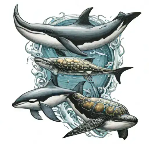 Trident With Whale Dolphin And Turtle Swimming