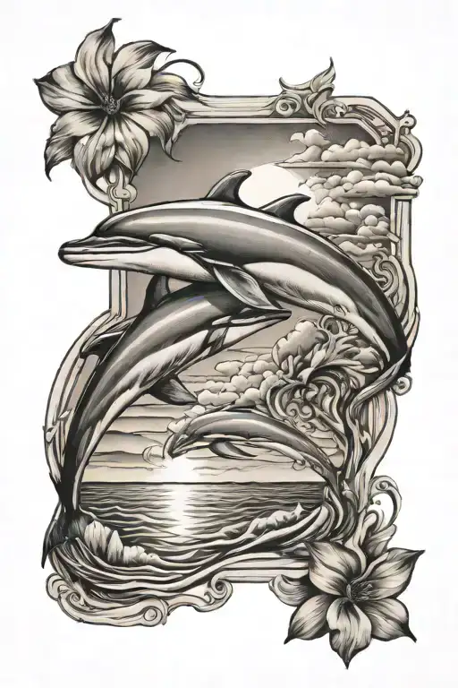 Memorial Tattoo With Sunset With Dolphin Jumping
