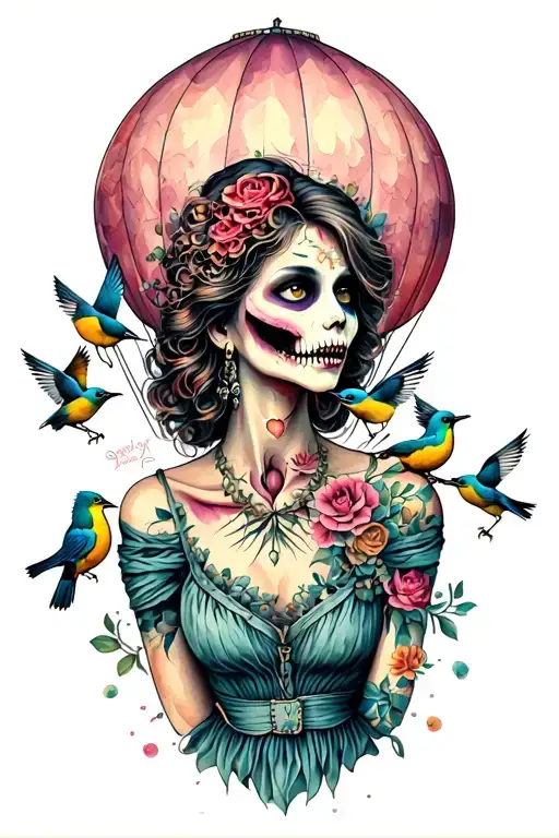 Pretty Lady Zombie Tattoo Featuring 5 Birds And A Hot Air Balloon