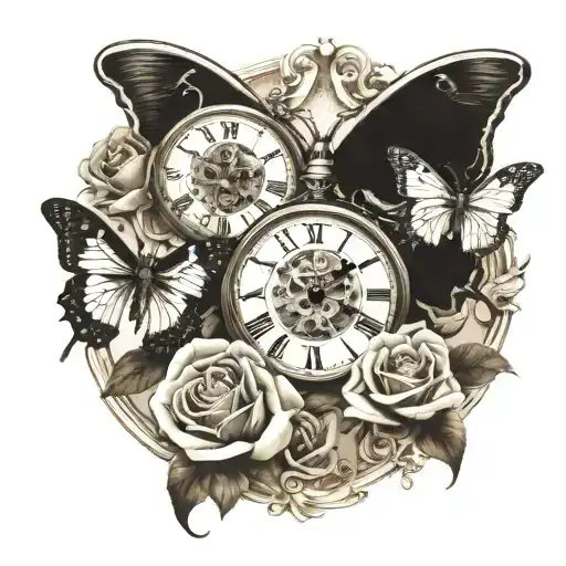 Skulls Roses Butterfly & Clock