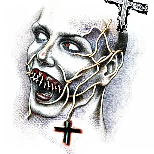 Severed Head Impaled On An Inverted Catholic Cross Entwined With Barbed Wire