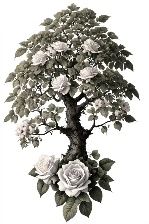 Rowan Tree With Roses Blooming Below No Color