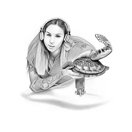 A Realistic Tattoo Of A Phlebotomist Holding A Turtle While Listening To Music