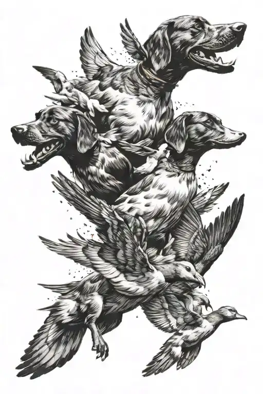 Dog Jumping A Group Of Ducks Flying