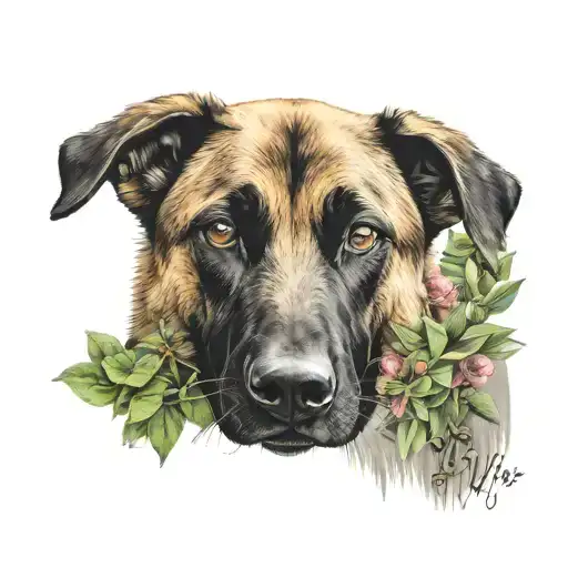 A Realistic Portrait Of A Belgian Malinois Surrounded By Vibrant Potted Plants