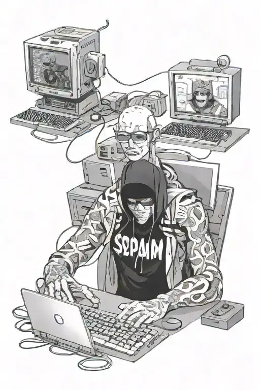 A Realistic Portrait Of A Scammer Hacker Surrounded By Two Computers Doing Spam