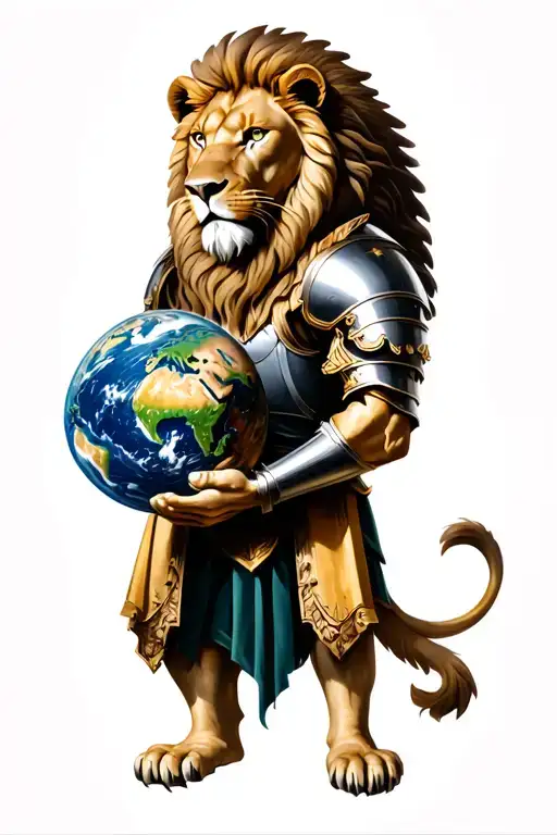 A Lion Wearing An Roman Armor Holding The World In His Hands