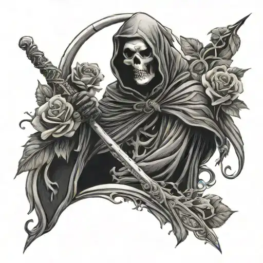 Grim Reaper With Roses Behind It With Its Scythe Blade Over His Head