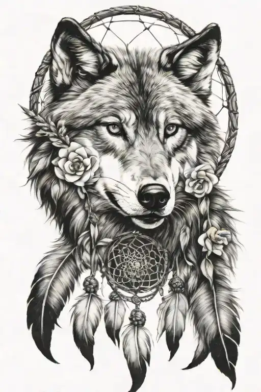 Wolf Dream Catcher Flowers Intertwined