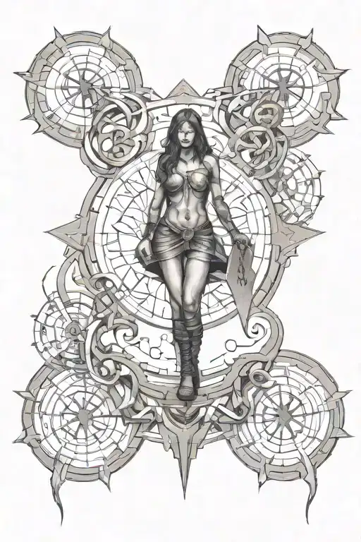 Female Hovering 10 Feet Above A Complex Sigil