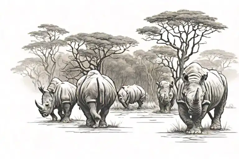 A Herd Of Rhinos Walking With Their Backs Turned Through A Forest