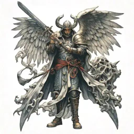 An Archangel Wielding A Samurai Sword Surrounded By Death And Destruction