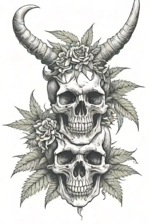 Skull With Horns And Marijuana Flowers Shaded