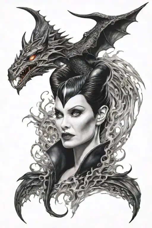 Maleficent's Face Emerging Within The Flames Of The Maleficent Dragon In The Background