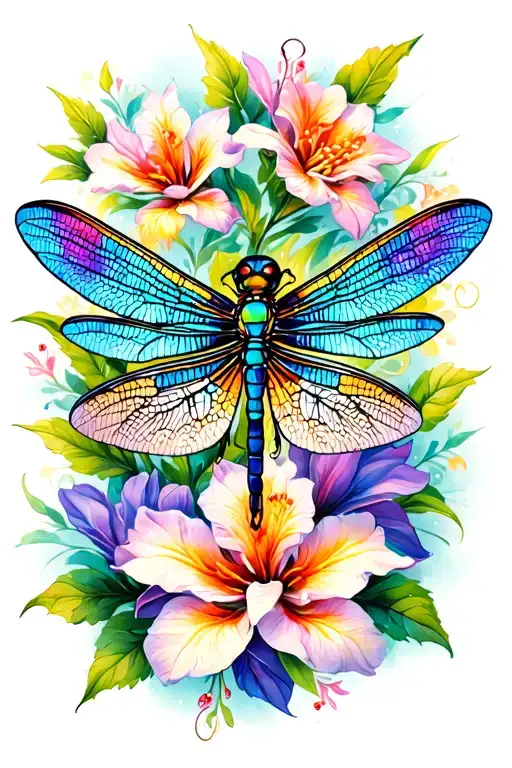 Dragonflies With Stained Glass Wings Intertwined With Belladonna And Oleander Flowers