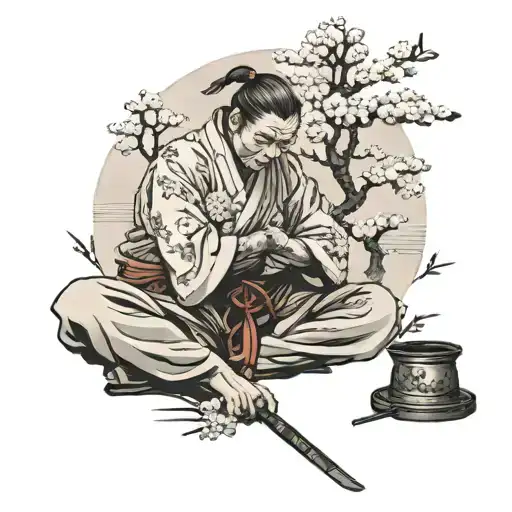Sammuri On Knees About To Use A Seppuku With Cherry Blossom Tree In Background