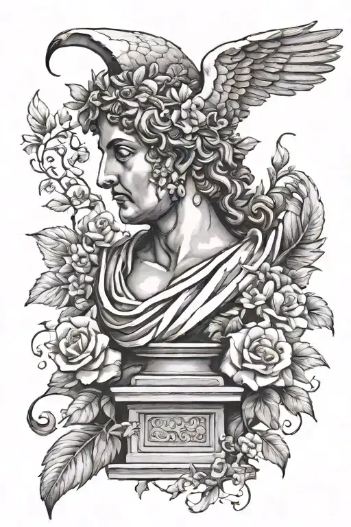 Greek Statue With One Wing And Vines And Flowers