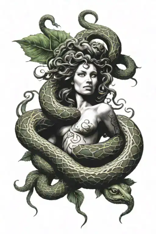 A Cover-up Tattoo Featuring Medusa's Face Blending Into A Snake Design