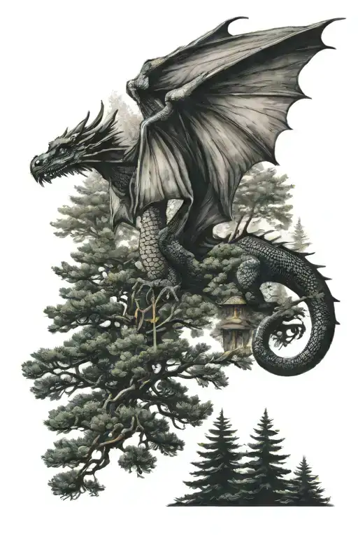Dragon Flying Over A Pine Forest