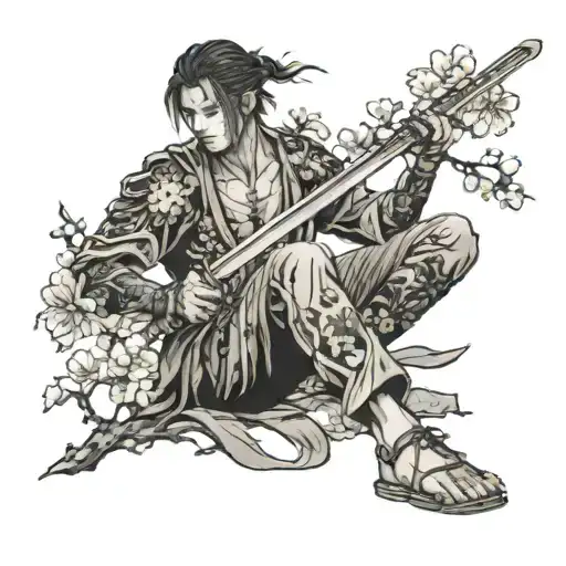 Rohin With A Sword On His Knees With Cherry Blossom Tree In Background