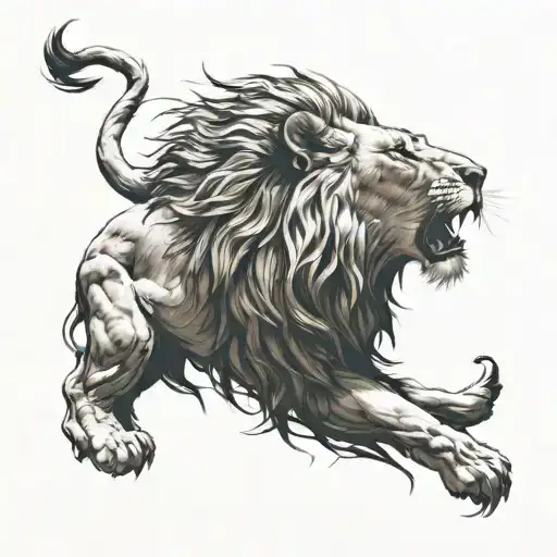 A Lion Tattoo With A White Background Roaring Slightly To The Side And A Compass