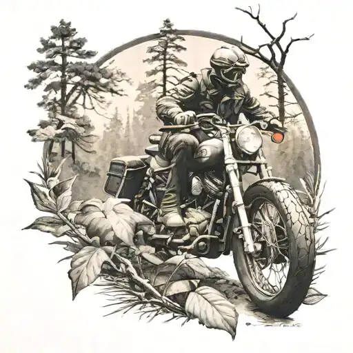 A Realistic Tattoo Of A Hunter In A Forest Setting With A Harley Motorcycle In The Background