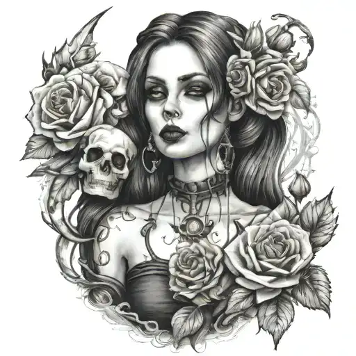 Beautiful Goth Girl In Medieval Style With Horn Skull With Roses With Beautiful Gothic Scenery