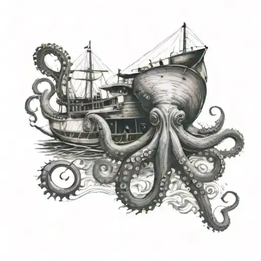 A Huge Octopus And A Boat In The Sea Behind